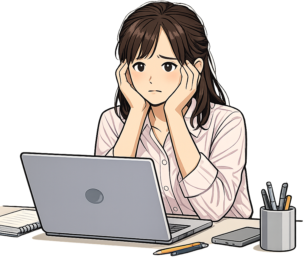 パソコンの前で悩んでいるWebデザイナー