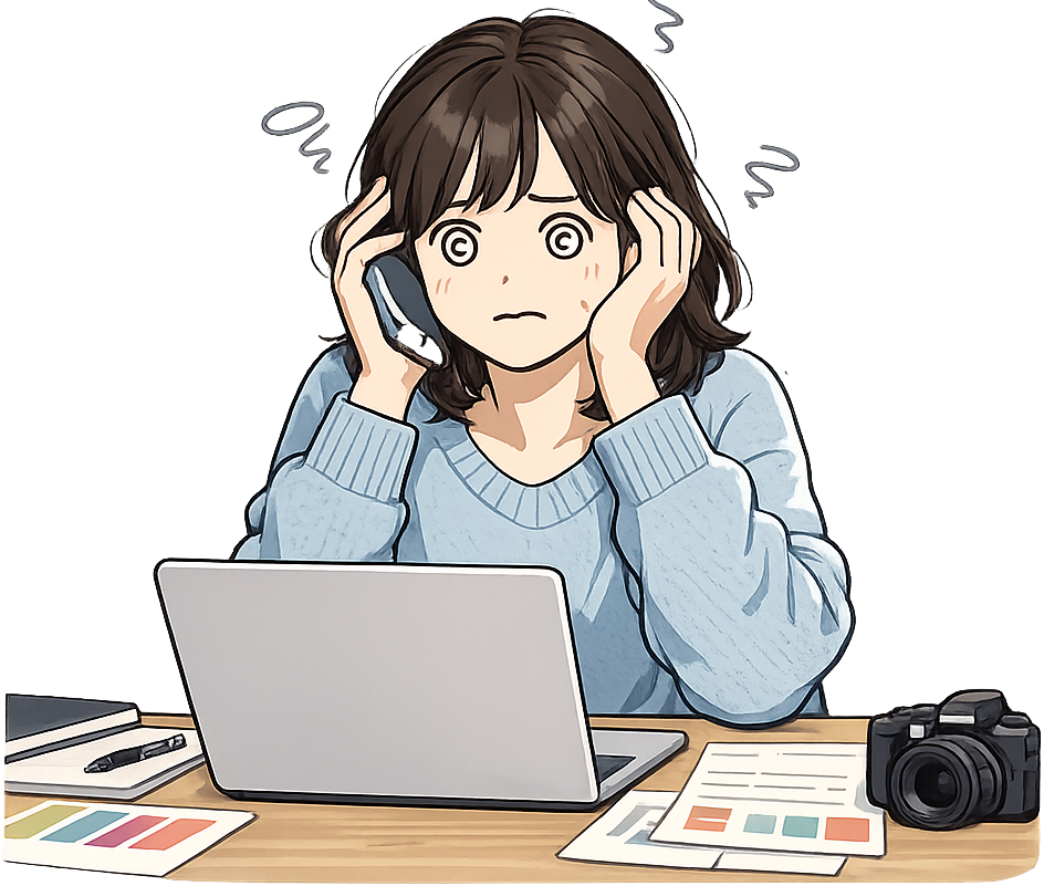 多忙で目を回しているWebデザイナーの女性