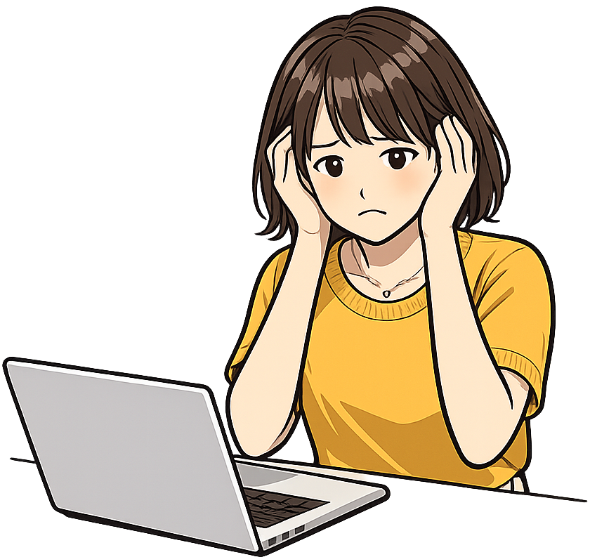 ラップトップの前で悩んでいる女性