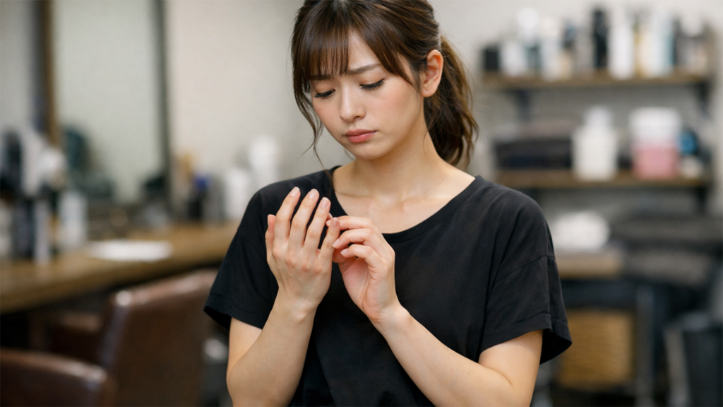 手荒れを気にしている美容師の女性