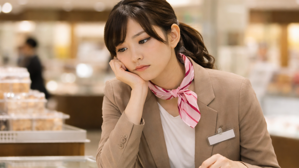 憂鬱そうに仕事をしている販売職の女性