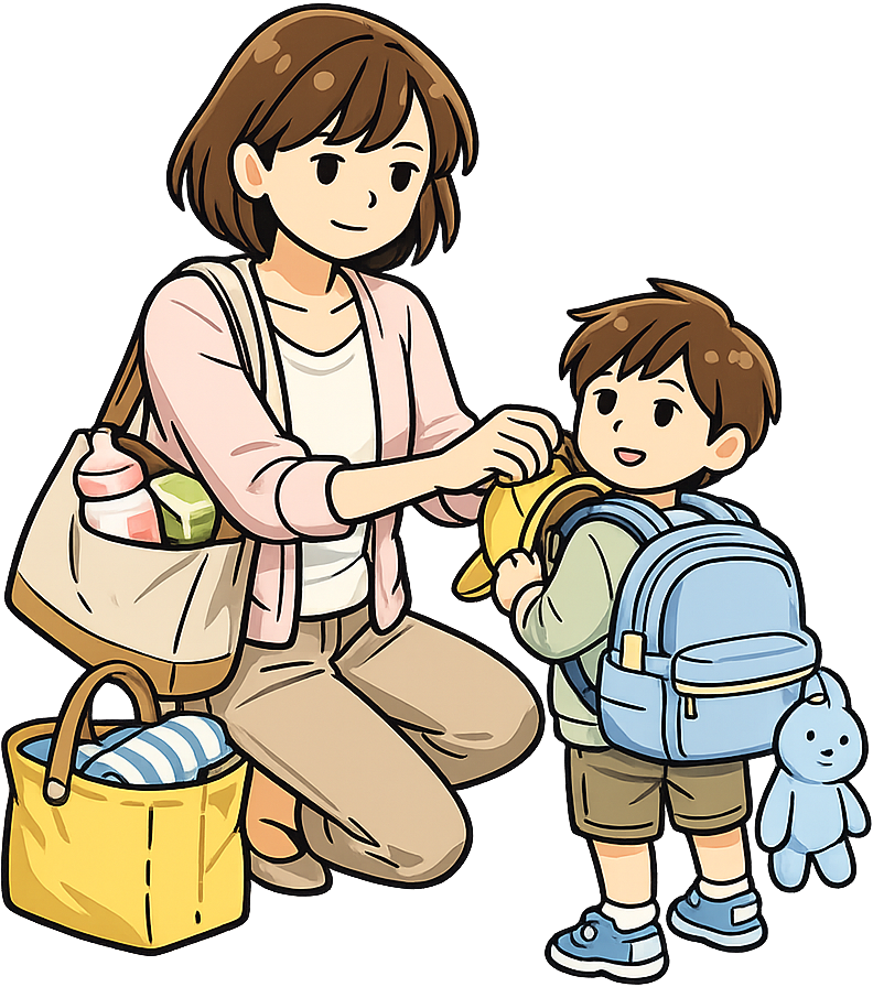 子どもを保育園に連れていく支度をしている女性