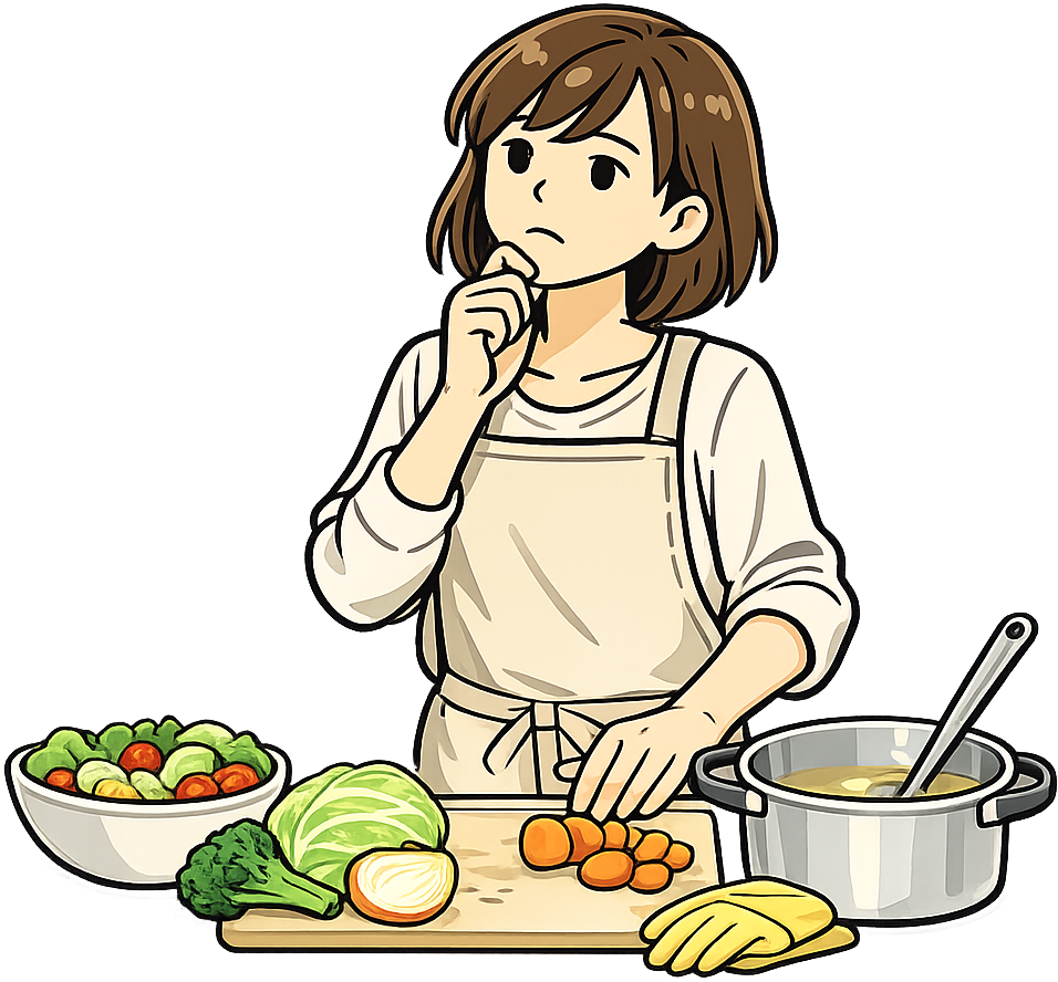 食事の支度をしながら考えごとをしている女性