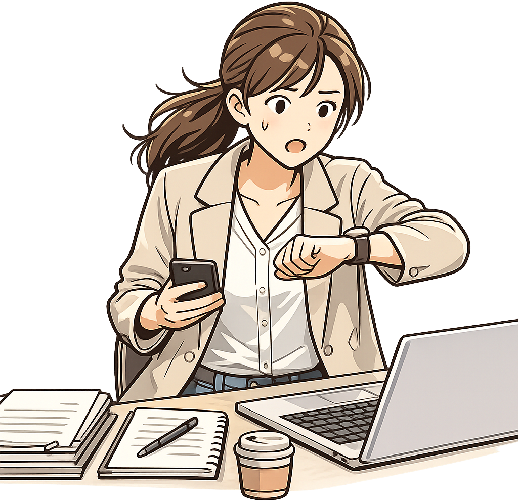 時間を気にしてあせって仕事をしている事務員の女性