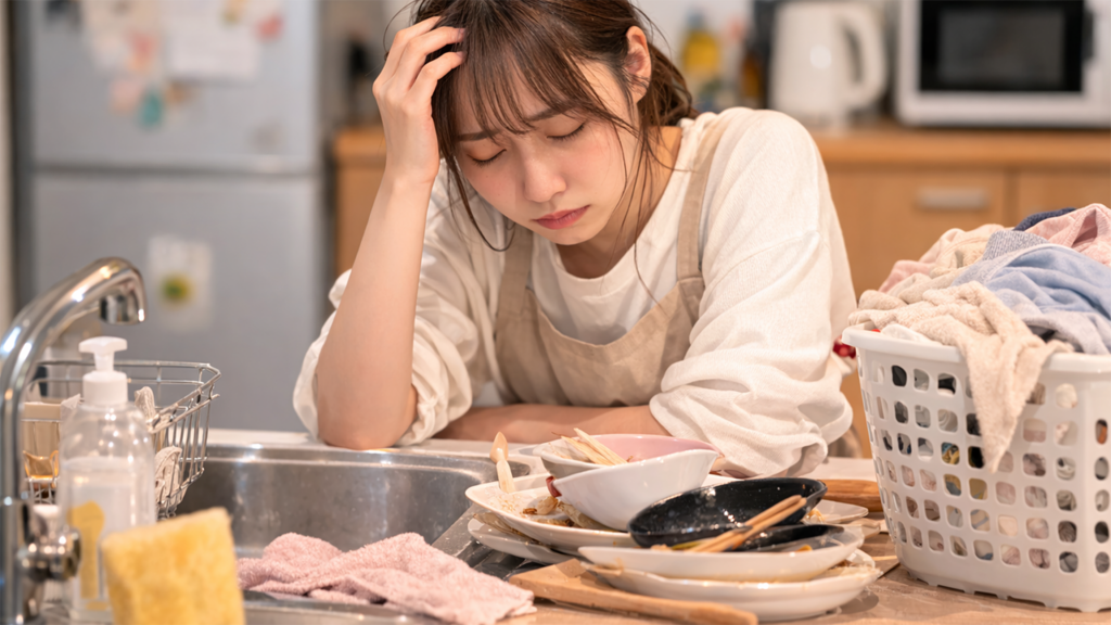 帰宅後に家事を行い疲弊している女性