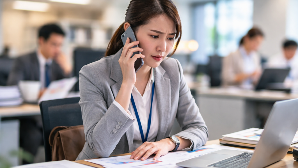 保育園の呼び出しを受けている女性