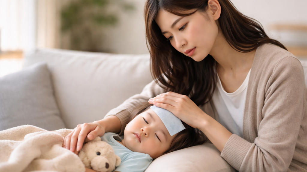 発熱した子どもを看病する母親